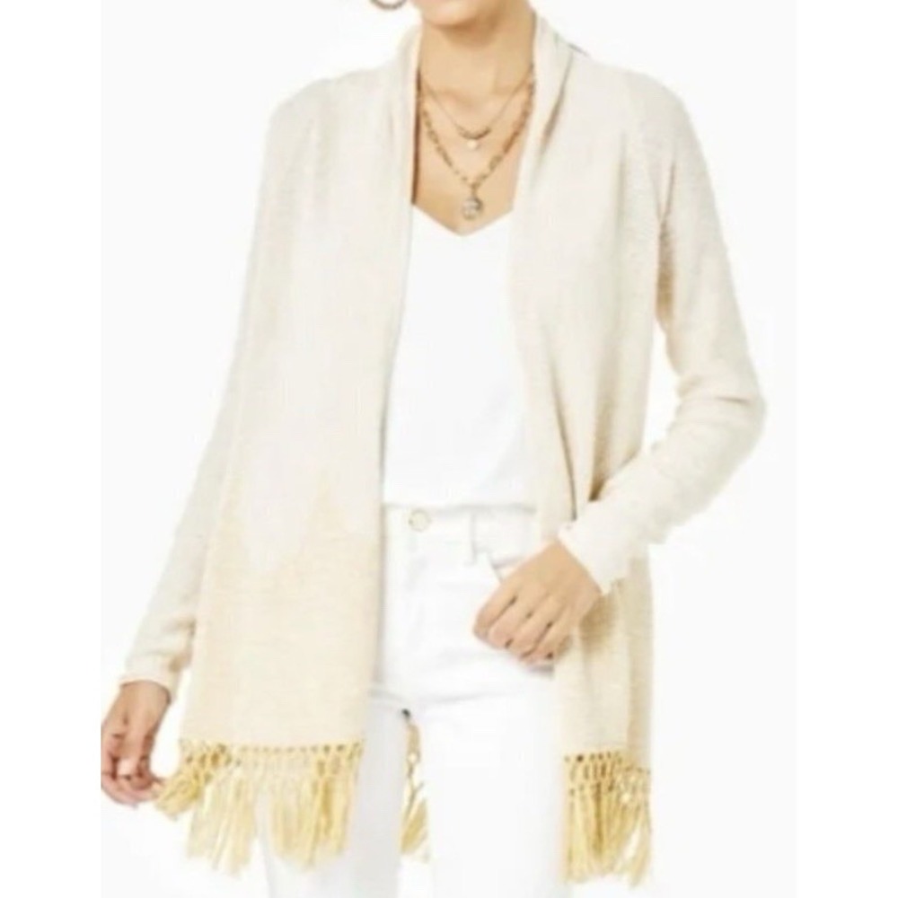 Lilly Pulitzer‎ Tatum Open Cardigan XS Ivory Gold Metallic Long Fringe Hem